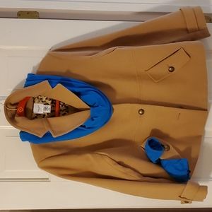 Kate Hill 16W wool pea jacket, camel color, leopard Satin lining. Brushed gold